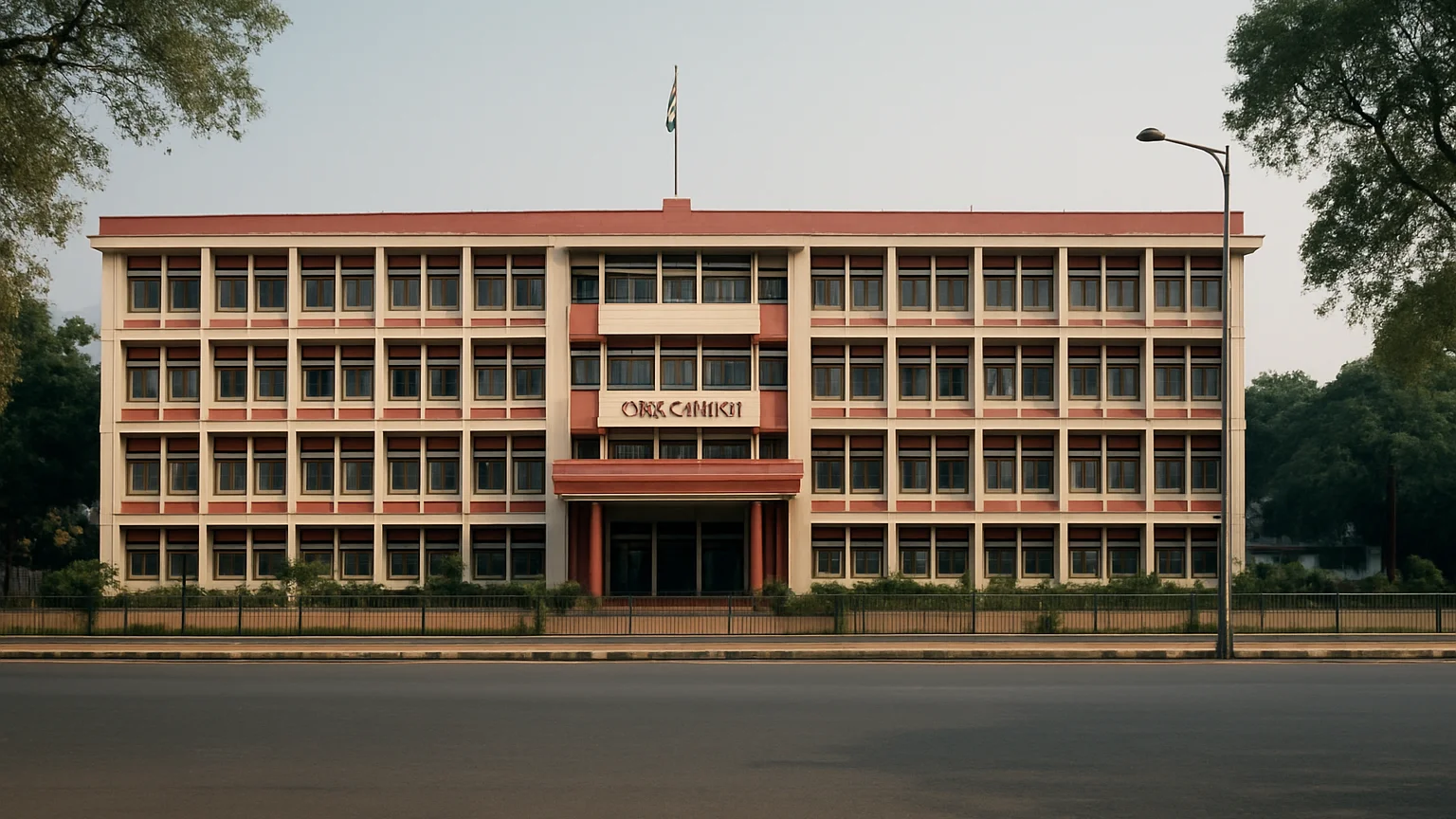 Documentary wide of a state government office building in Bhubane