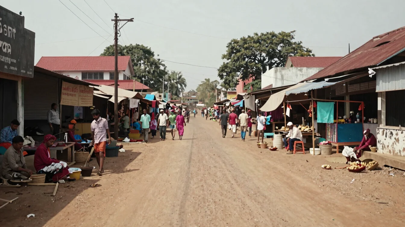 Documentary wide of a district market town in Odisha with local v