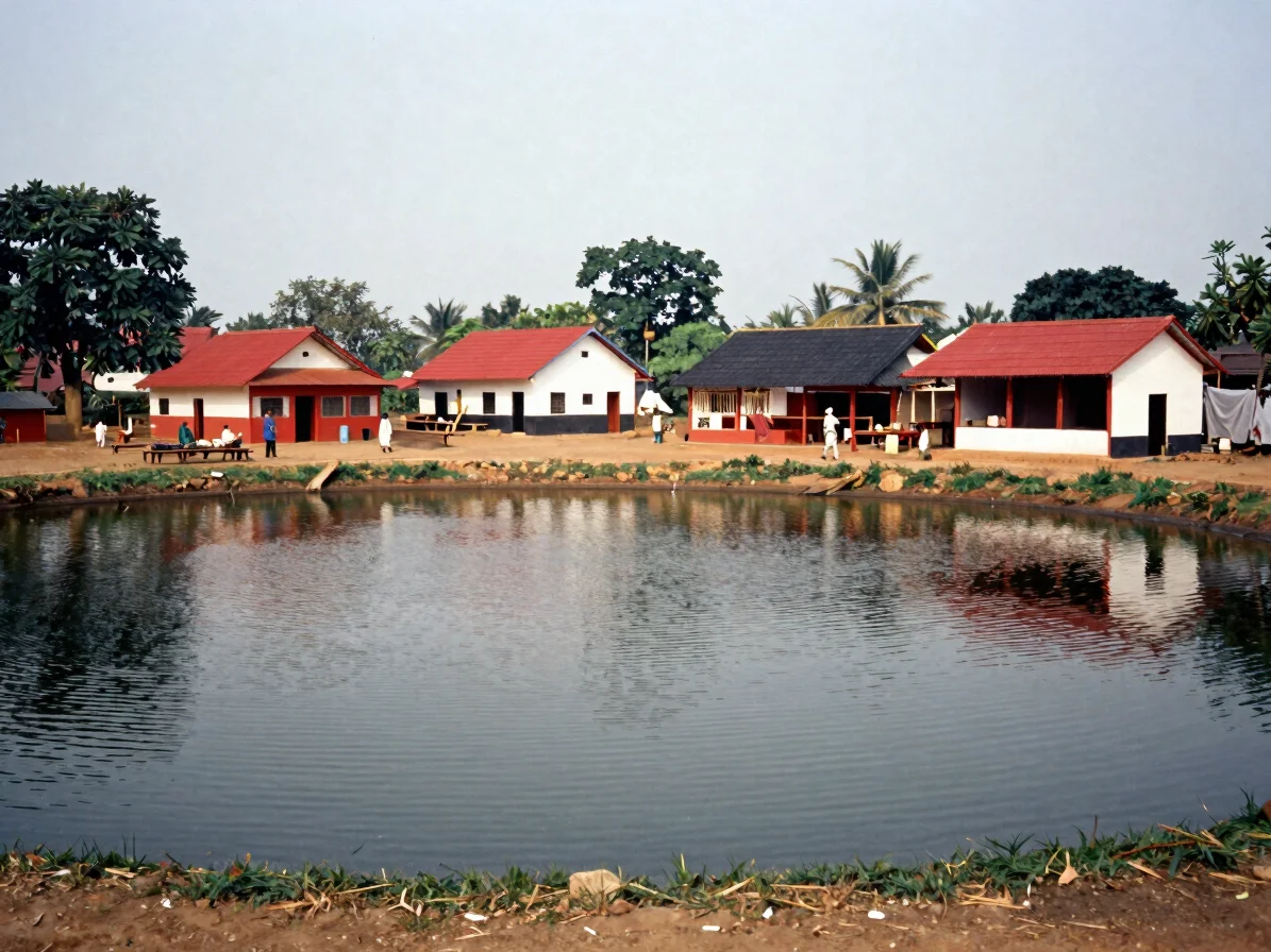 Documentary landscape of a village pond and traditional handloom workshop in Odisha, natural daylight, plausible everyda