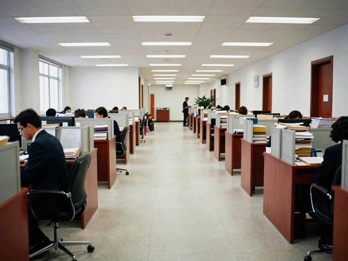 Editorial documentary photograph of a government office corridor with files and officials at work, available light, neut