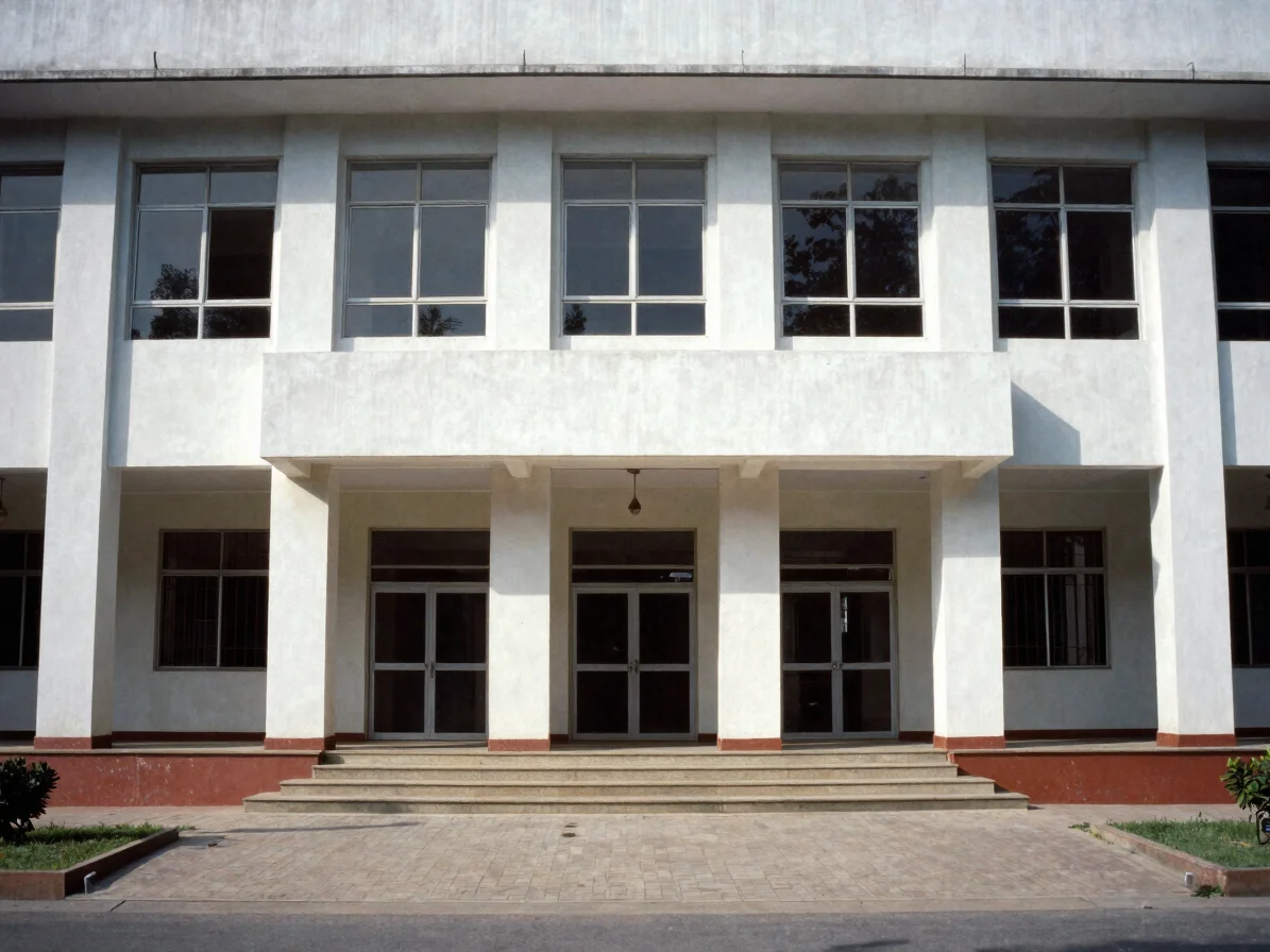 Editorial news photography, natural daylight, documentary framing of a government building exterior with a plain facade,