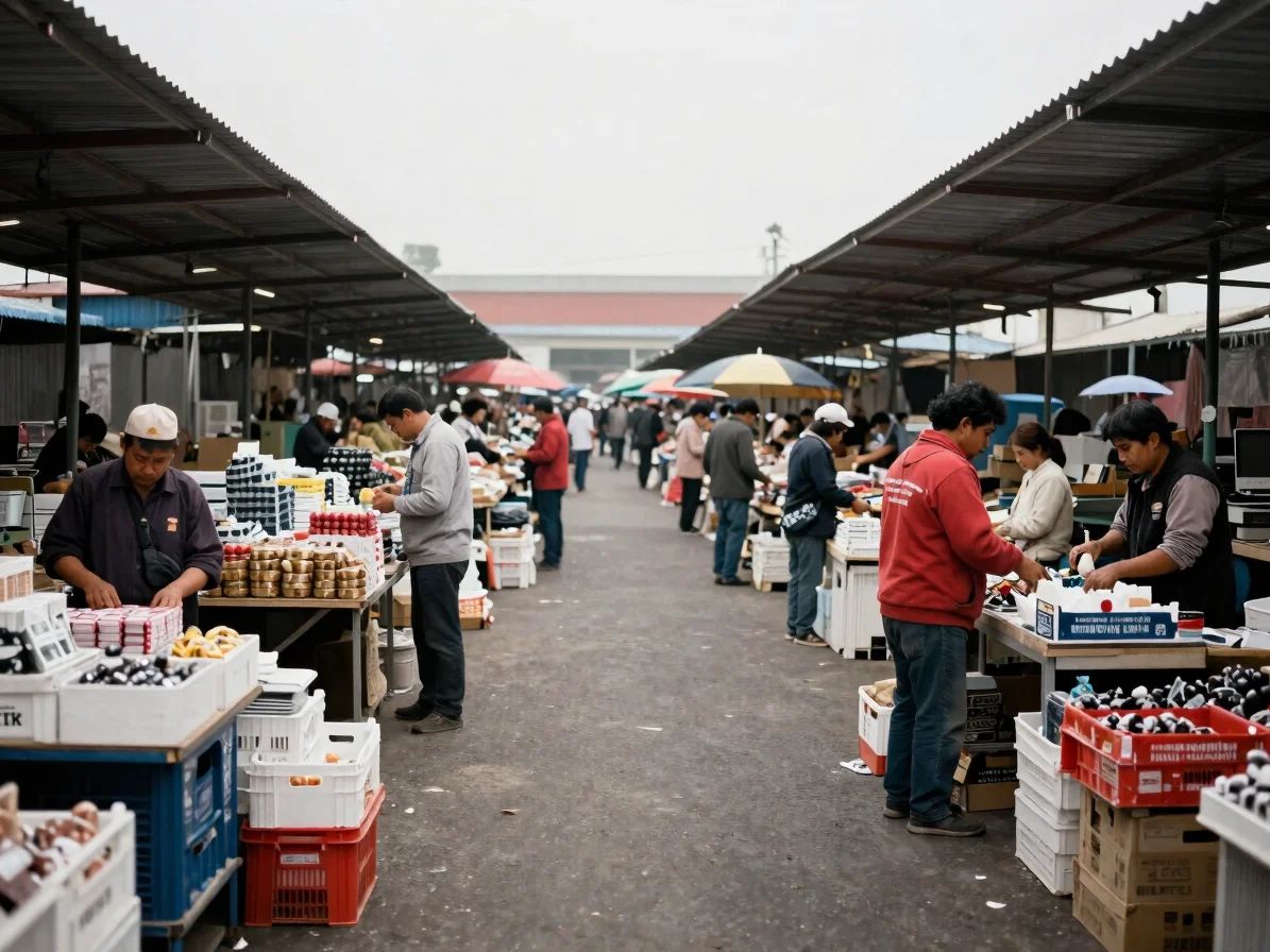 Editorial news photography, natural daylight, documentary framing of a busy wholesale market with merchants and goods, n
