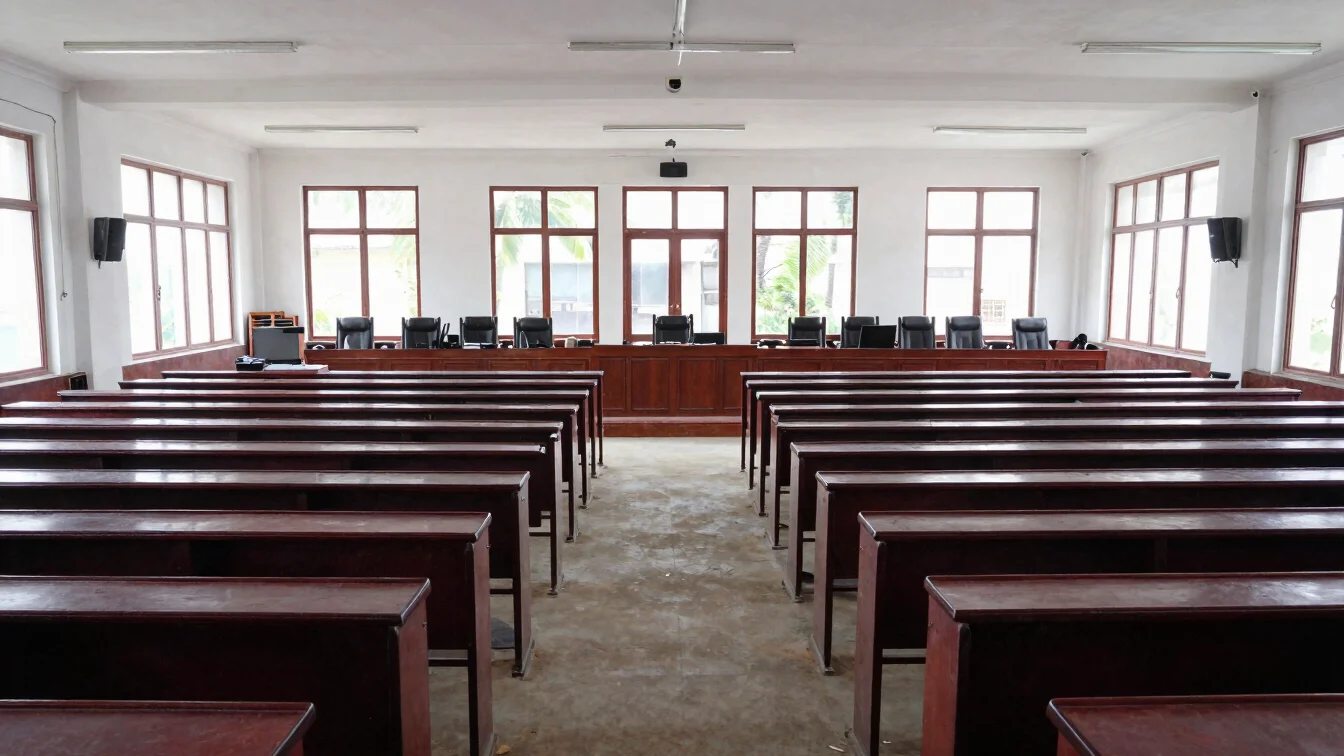 Editorial documentary photograph of a state assembly chamber in Odisha, natural daylight through tall windows, empty ben