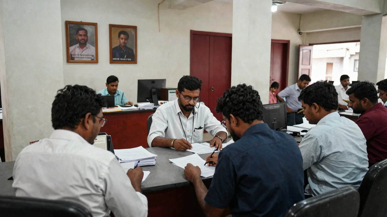 Documentary photograph of a government office counter in an Odisha district town, available light, people filing paperwo