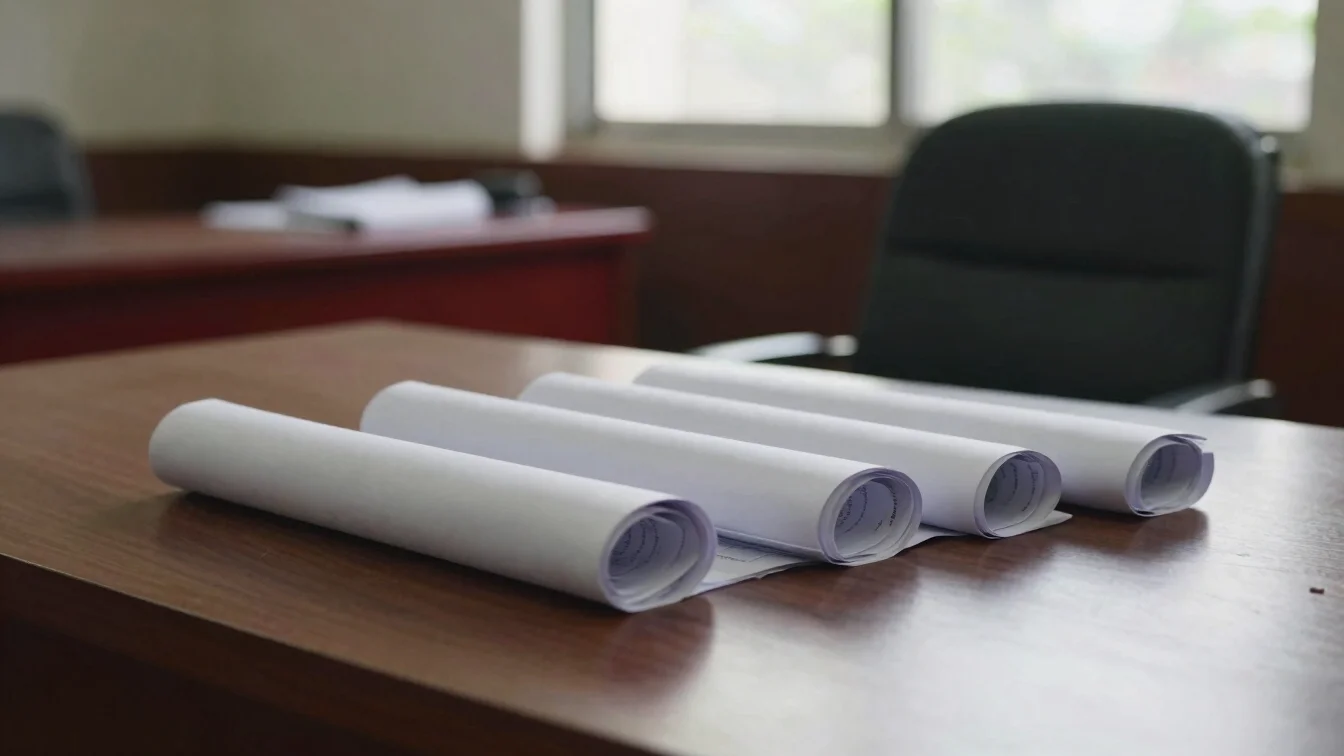 Editorial photograph of rolled government documents on a wooden desk in a Bhubaneswar office, natural window light, rest