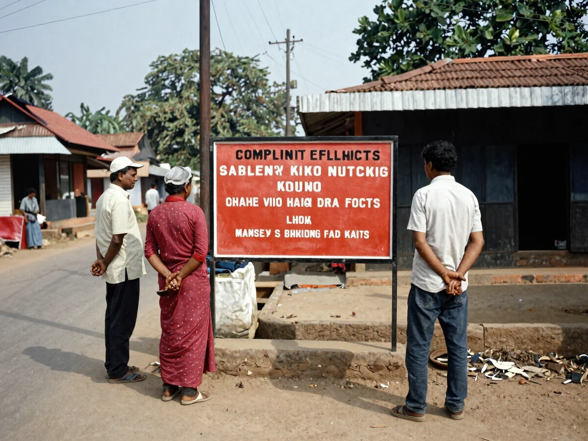 Documentary photograph of a village street in rural Odisha with residents gathered near a community notice board, natura