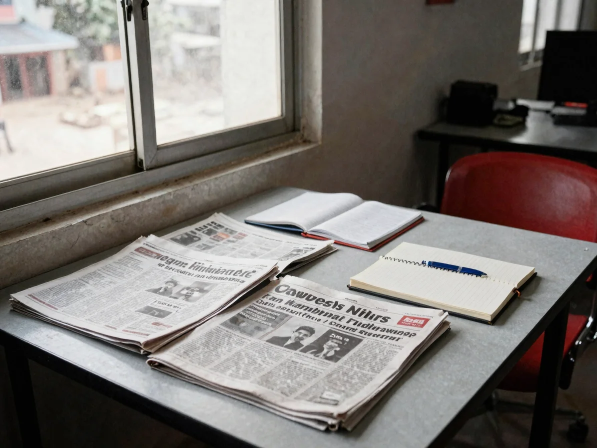 Editorial photograph of newspapers and a notebook on a table beside a window in a Bhubaneswar newsroom, available light,
