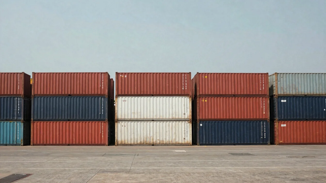 Documentary editorial photograph of cargo containers at a coastal