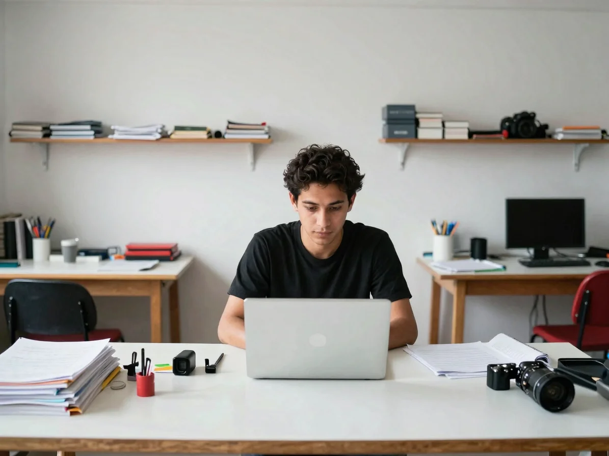 Documentary editorial photograph of a small workshop with a young entrepreneur at a laptop, natural daylight, 35mm