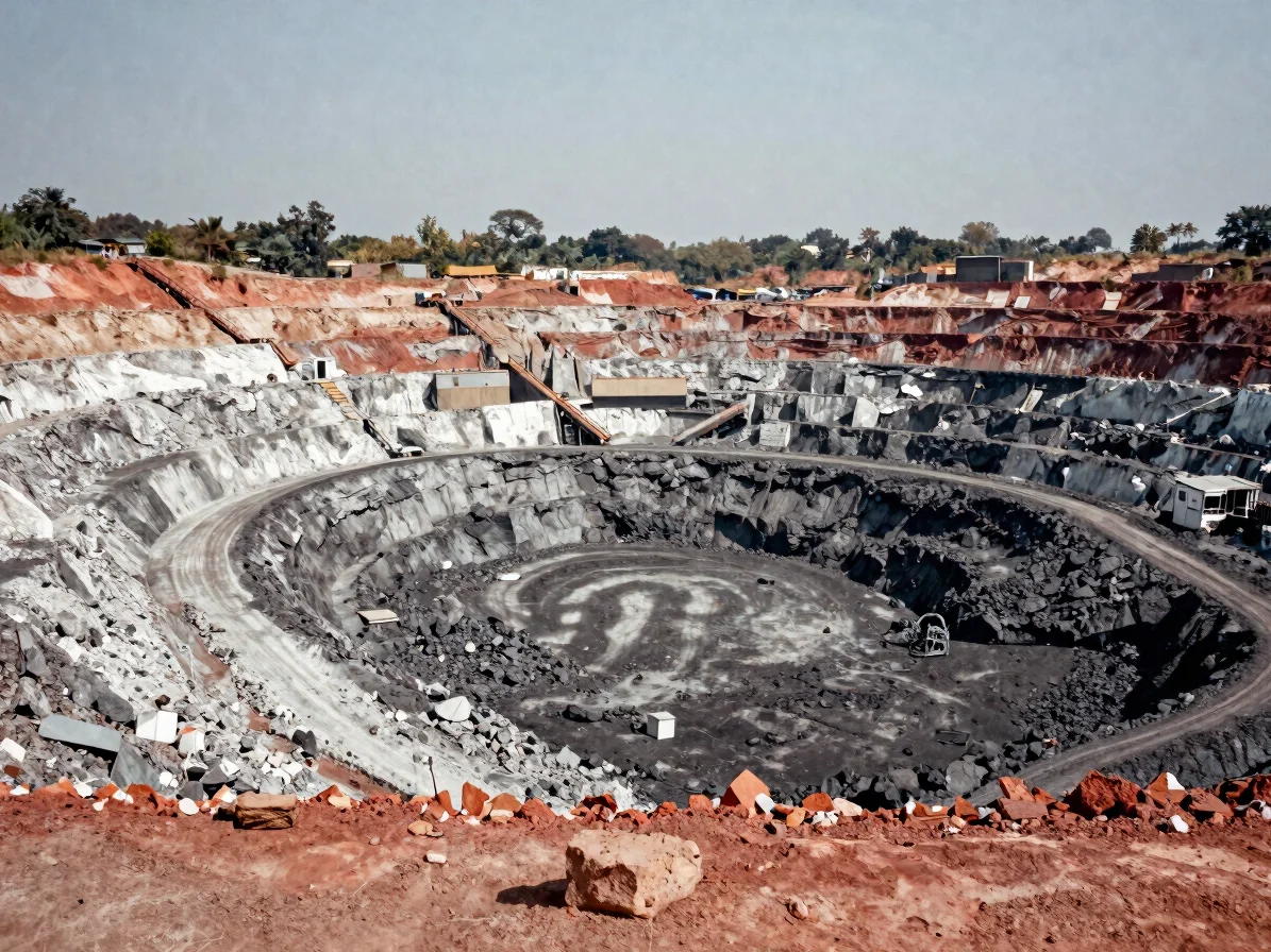 Documentary editorial photograph of an open-pit mine edge in Odisha at midday, neutral editorial color, 35mm