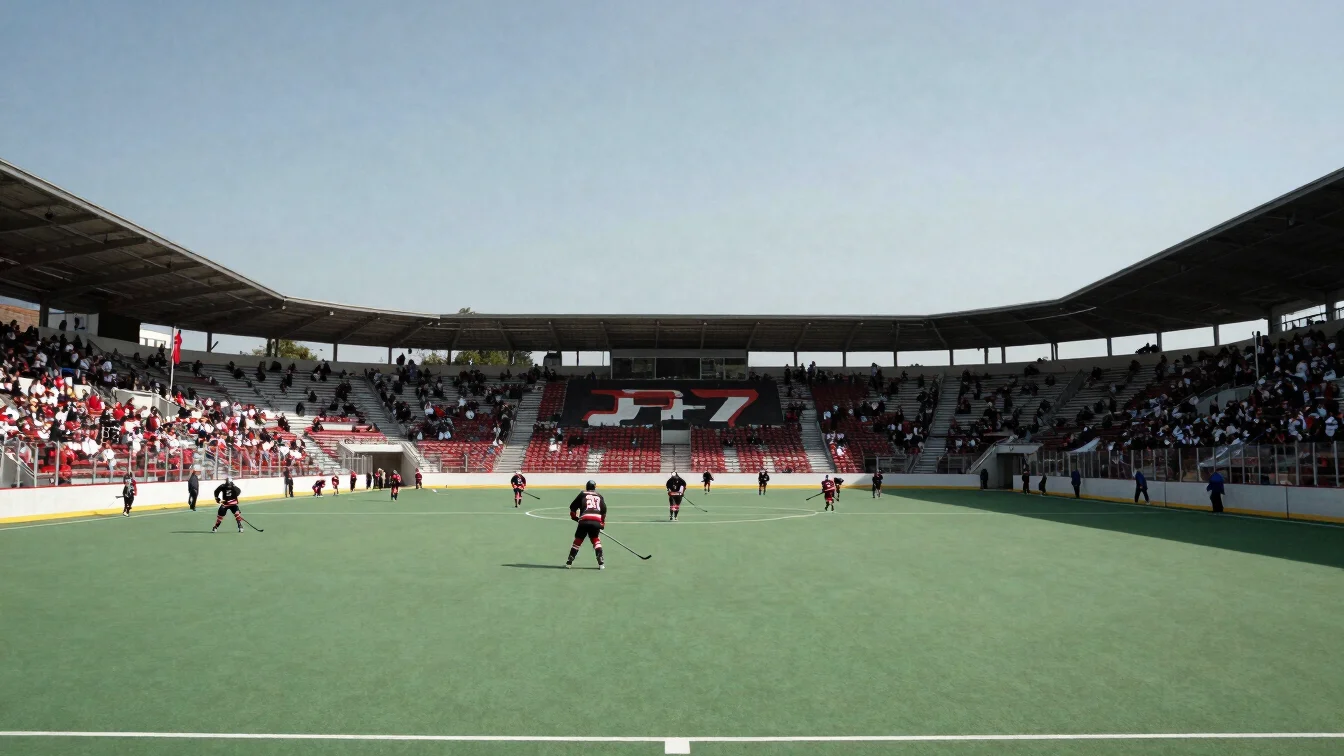 Wide editorial shot of hockey players on a green synthetic turf stadium under clear daylight, spectators in the stands
