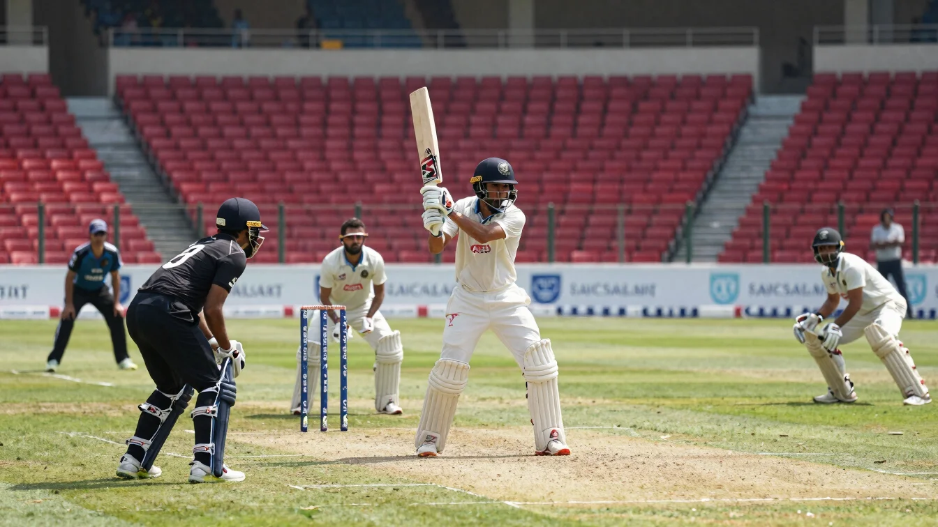 Action cricket match on a sunlit stadium pitch, batsman executing a defensive stroke, fielders in position