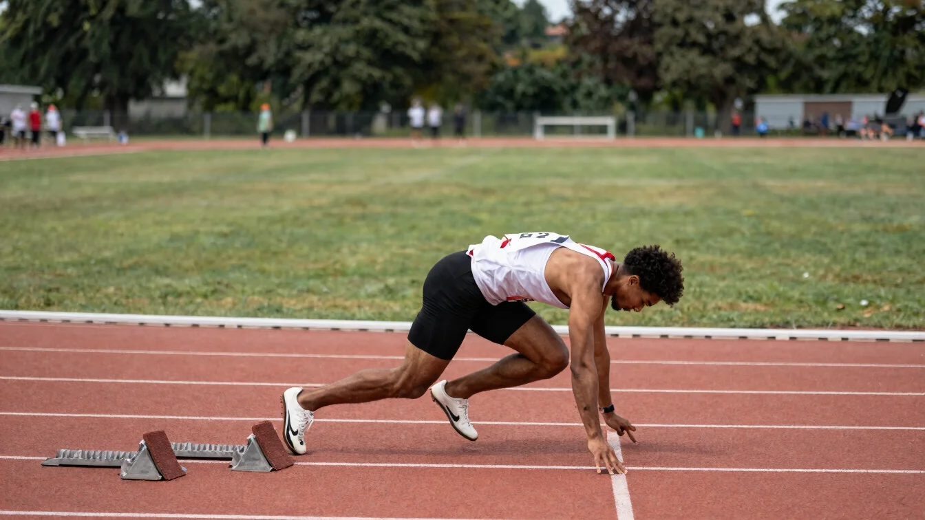 Sprinters breaking from starting blocks on an outdoor running track during a daytime sports meet