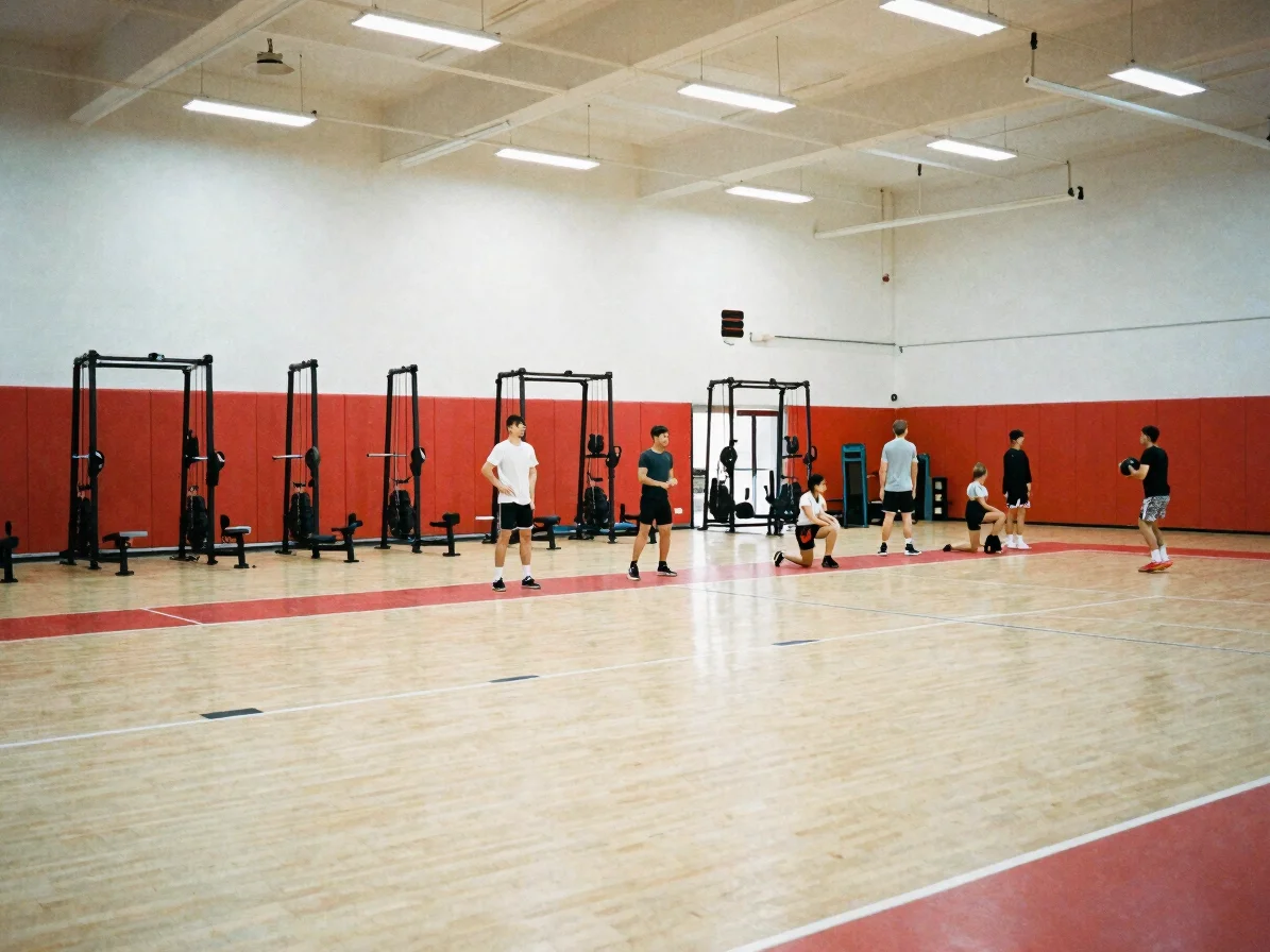Indoor sports training hall with modern gymnasium equipment and young athletes exercising under natural light