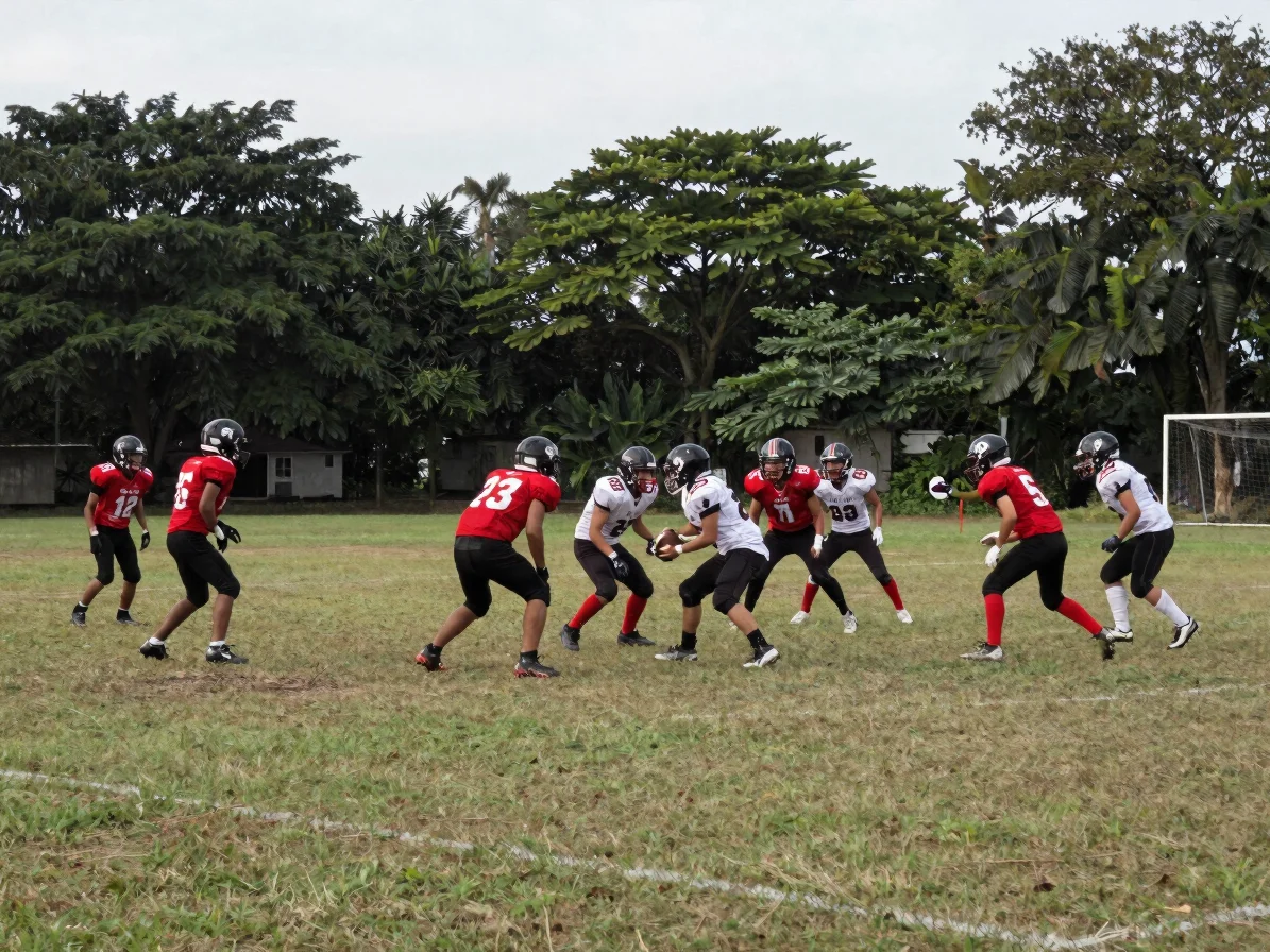 Youth football match played on an open natural grass field surrounded by trees under overcast afternoon light